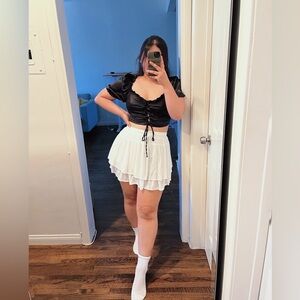 Black satin cross lace crop top